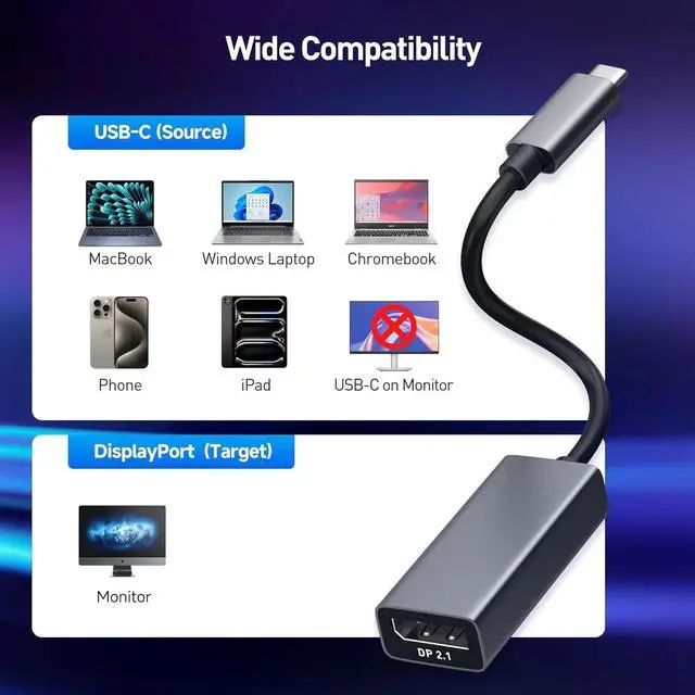 Alt view image 6 of 6 - 80Gbps USB C to DisplayPort 2.1 Adapter - Thunderbolt 5/4, USB4 Compatible with VR Headset, MacBook Pro, iPad Pro, XPS