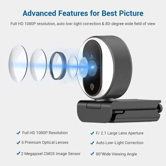 Alt view image 4 of 6 - N680E 1080P Webcam with Ring Light, Privacy Cover and Dual Microphone, Advanced Auto-Focus, Adjustable Brightness