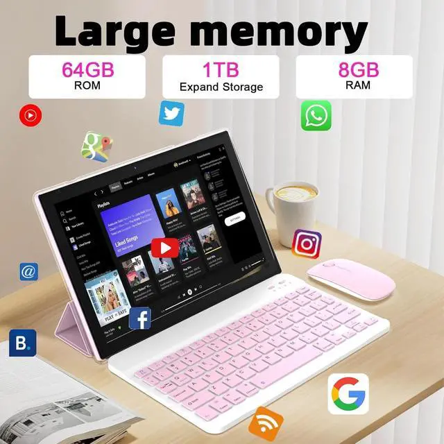 Alt view image 3 of 6 - Android 14 Tablet, 10 Inch 8GB RAM+64GB ROM+1TB Expand, 1.8Ghz Quad-core Processor, 2 in 1 Tablets