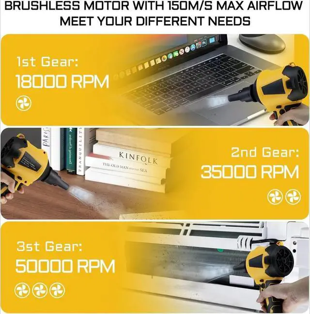 Alt view image 4 of 5 - Air Duster & Blower Compatible with DeWalt 20V MAX Battery (Tool Only), 3-Speed Adjustable, 50,000 RPM, LED Light, for Cleaning, Camping