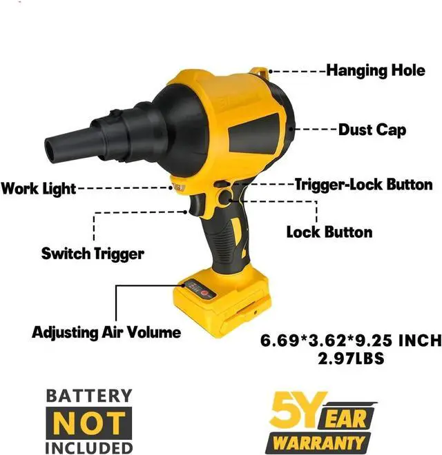 Alt view image 5 of 5 - Air Duster & Blower Compatible with DeWalt 20V MAX Battery (Tool Only), 3-Speed Adjustable, 50,000 RPM, LED Light, for Cleaning, Camping
