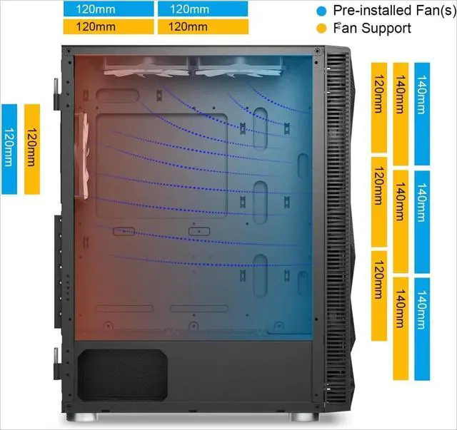 Alt view image 6 of 7 - 6 Fans - 3x 140mm & 3x 120mm Fixed RGB Lighting Fans, ATX Mid-Tower PC Gaming Case, USB3.0, Door Open Tempered Glass Side Panel,Black