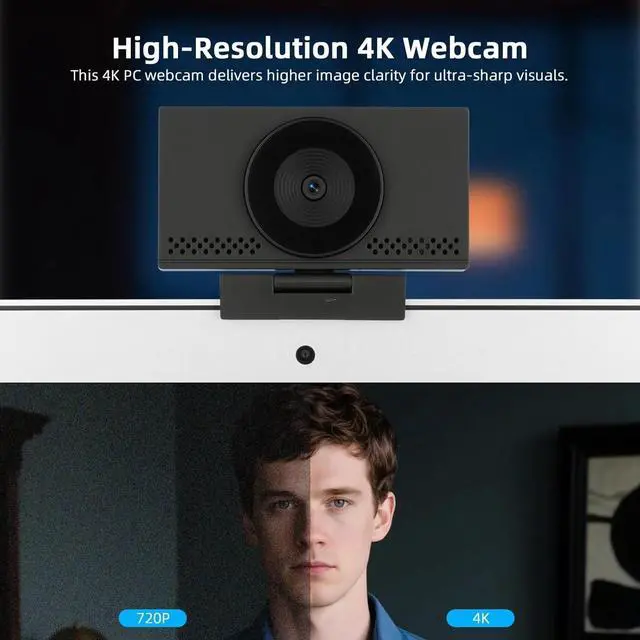 Alt view image 3 of 6 - 4K Webcam for PC & Laptop with Microphone and Webcam Cover, Auto Light Correction, USB Plug and Play, Black