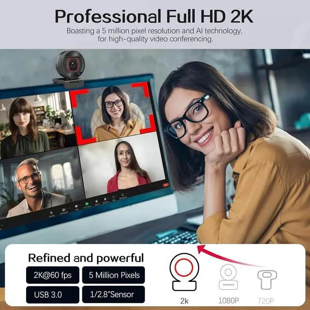 Alt view image 2 of 6 - Webcam for PC - 1080p/2K@60FPS HD Web Camera with Remote Control, 8X Digital Zoom Webcam, Privacy Cover