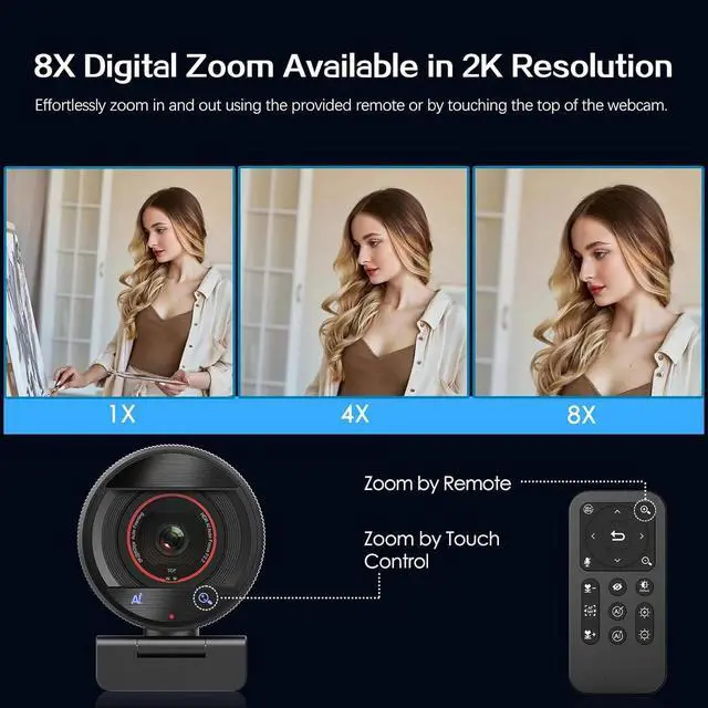 Alt view image 6 of 6 - Webcam for PC - 1080p/2K@60FPS HD Web Camera with Remote Control, 8X Digital Zoom Webcam, Privacy Cover