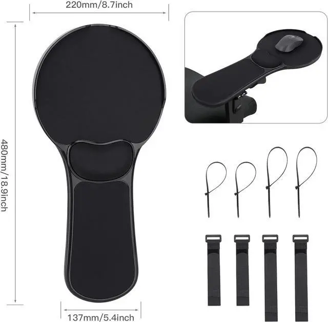 Alt view image 2 of 6 - Ergonomic Arm Rest Mouse Pad for ChairAdjustable Mouse Tray with Wrist Cushion, Chair arm Mousepad, Black