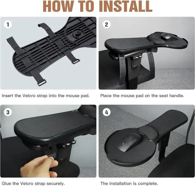 Alt view image 6 of 6 - Ergonomic Arm Rest Mouse Pad for ChairAdjustable Mouse Tray with Wrist Cushion, Chair arm Mousepad, Black