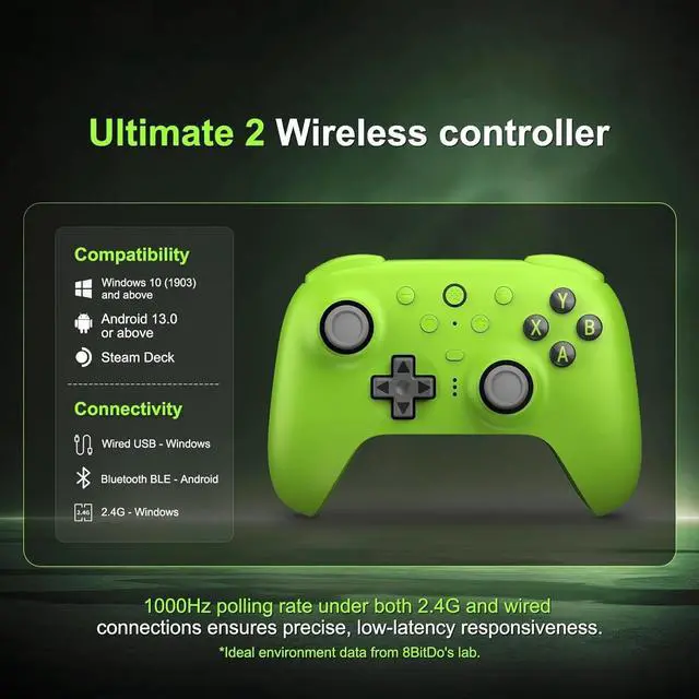 Alt view image 2 of 6 - Wireless Controller for Windows, Android,Steam Deck, TMR Joysticks, 1000Hz Polling Rate, Tactile/Hall Triggers - Green