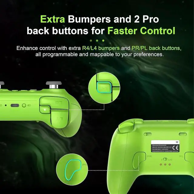 Alt view image 5 of 6 - Wireless Controller for Windows, Android,Steam Deck, TMR Joysticks, 1000Hz Polling Rate, Tactile/Hall Triggers - Green