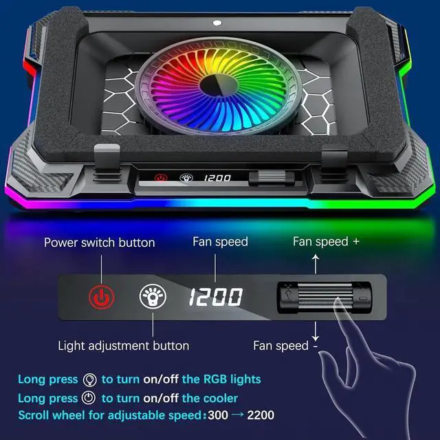 Alt view image 4 of 6 - Laptop Cooling Pad Powerful Turbo Fan RGB Gaming Notebook Cooler, Laptop Fan Cooling Stand with 8 Adjustable Heights and Phone Holder