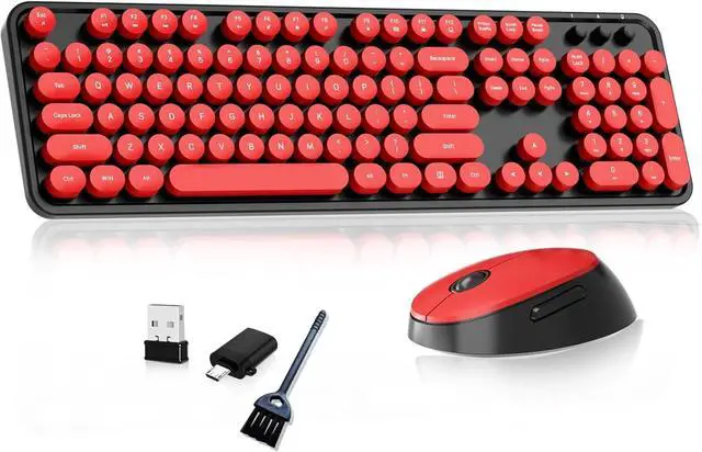 Main image of Wireless Keyboard and Mouse, Retro Typewriter Keyboard with Round Keycaps, Full-Size ErgonomicBlack and Red