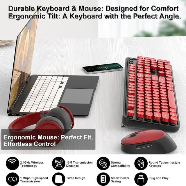 Alt view image 2 of 6 - Wireless Keyboard and Mouse, Retro Typewriter Keyboard with Round Keycaps, Full-Size ErgonomicBlack and Red