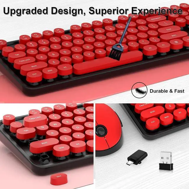 Alt view image 3 of 6 - Wireless Keyboard and Mouse, Retro Typewriter Keyboard with Round Keycaps, Full-Size ErgonomicBlack and Red