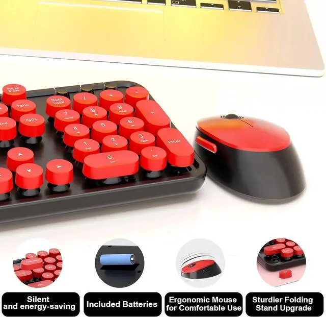 Alt view image 6 of 6 - Wireless Keyboard and Mouse, Retro Typewriter Keyboard with Round Keycaps, Full-Size ErgonomicBlack and Red