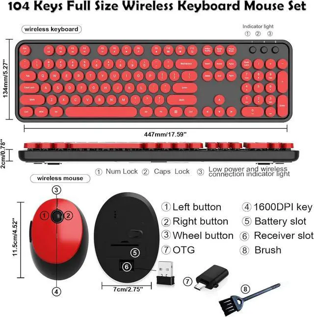 Alt view image 5 of 6 - Wireless Keyboard and Mouse, Retro Typewriter Keyboard with Round Keycaps, Full-Size ErgonomicBlack and Red