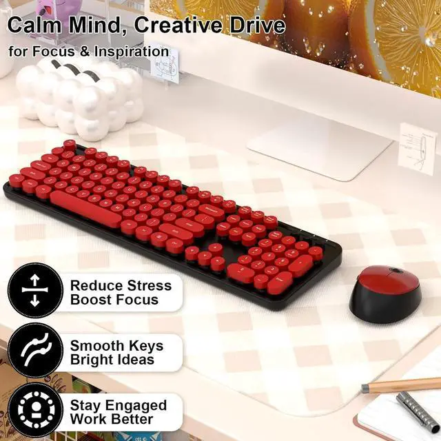 Alt view image 4 of 6 - Wireless Keyboard and Mouse, Retro Typewriter Keyboard with Round Keycaps, Full-Size ErgonomicBlack and Red