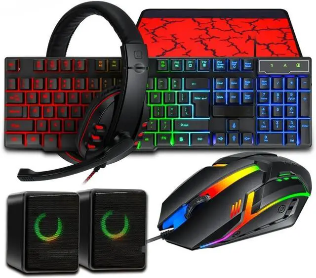 Alt view image 3 of 4 - Gaming Keyboard and Mouse Set with LED Rainbow Backlight, Wired Computer Keyboard & Mouse Bundle, 5-in-1 Accessories, Black