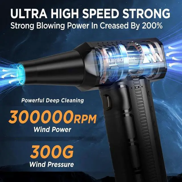 Alt view image 2 of 4 - Compressed Air Duster,300000RPM Super Power Cordless Electric Air Duster,3-Gear Adjustable Turbo Fan Duster Blower