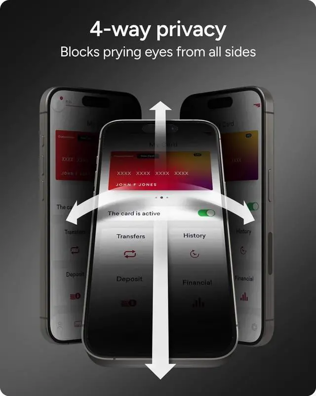 Alt view image 4 of 6 - Privacy 360 Screen Protector for iPhone 16 Pro Max 4-Way Privacy, Ultra-Strong Tempered Glass, 5X Stronger