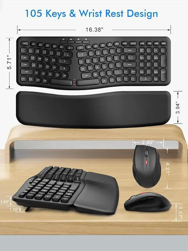 Alt view image 2 of 6 - Ergonomic Wireless Keyboard and Mouse Combo, Split Design with Detachable Wrist Rest, 2.4G Full Size