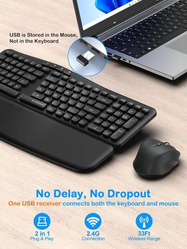 Alt view image 4 of 6 - Ergonomic Wireless Keyboard and Mouse Combo, Split Design with Detachable Wrist Rest, 2.4G Full Size