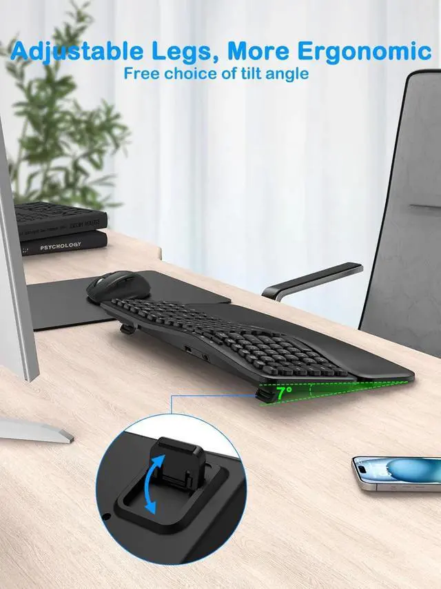 Alt view image 6 of 6 - Ergonomic Wireless Keyboard and Mouse Combo, Split Design with Detachable Wrist Rest, 2.4G Full Size