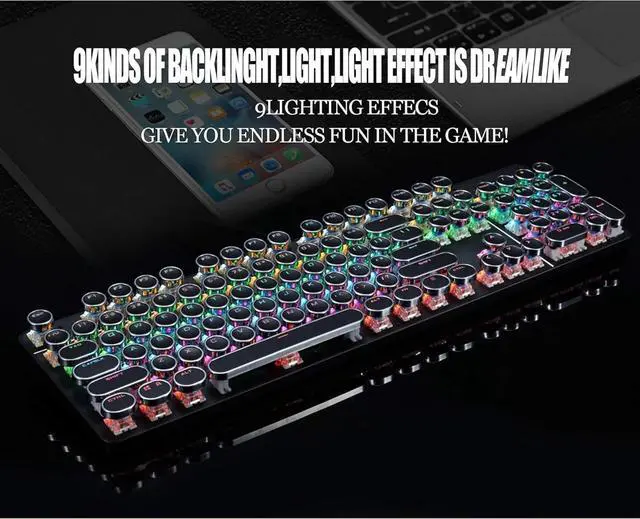 Alt view image 2 of 4 - FOR-Typewriter Style Mechanical Gaming Keyboard LED Backlit Wired with Blue Switch Retro Round Keycap 104 Keys Keyboard (Black 104 Keys LED)