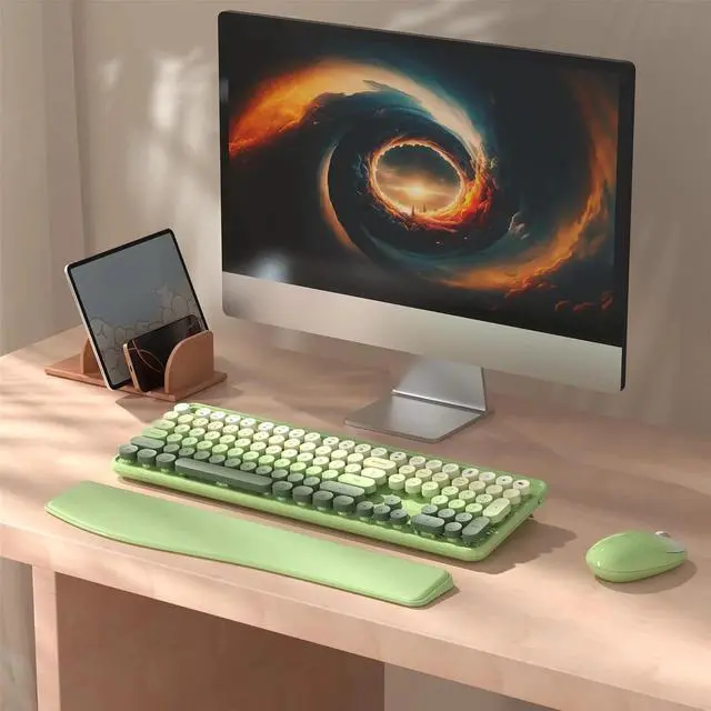 Alt view image 2 of 4 - FOR Colorful Wireless Computer Keyboard and Mouse Combo with Phone Holder, Wrist Rest, 2.4GHz Wireless, Full-Sized Optical Mouse for PC and Laptop(Green )
