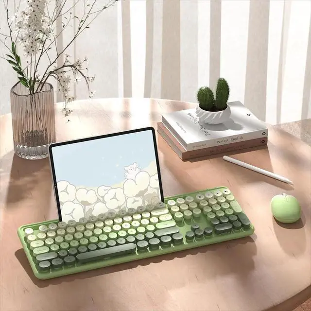 Alt view image 3 of 4 - FOR Colorful Wireless Computer Keyboard and Mouse Combo with Phone Holder, Wrist Rest, 2.4GHz Wireless, Full-Sized Optical Mouse for PC and Laptop(Green )