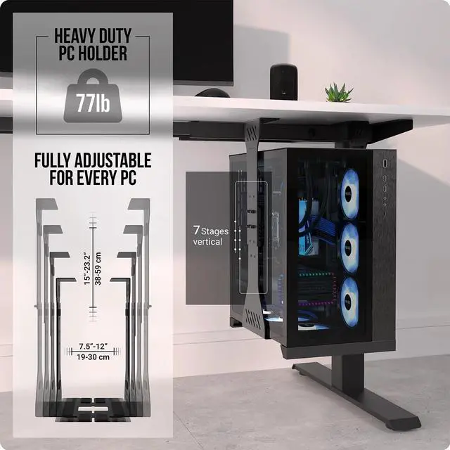 Alt view image 3 of 5 - Heavy Duty Under Desk PC Holder  Up to 77 lbs Load Capacity - Adjustable Computer Tower Holder  CPU Holder Under Desk Mount(Black)