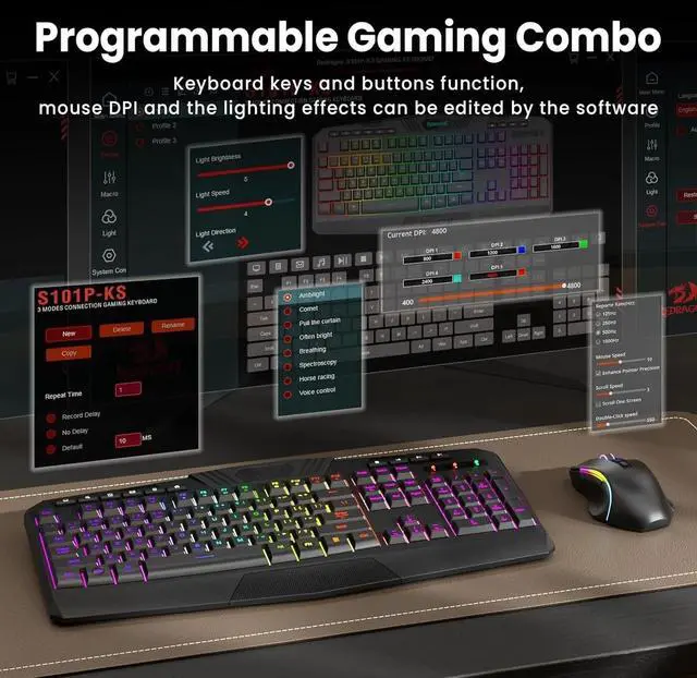 Alt view image 5 of 5 - Gaming Keyboard and Mouse Wireless with Tri-Mode, RGB Keyboard and 4800 DPI Gaming Mouse, 10 Independent Multimedia Keys for Wins