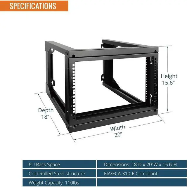 Alt view image 2 of 5 - FOR-FOR6U Wall Mount Server Rack, Open Frame Network Rack for 19" Computer/AV/Data/IT/Media Equipment, 18" Depth, 16" Apart Mounting Holes