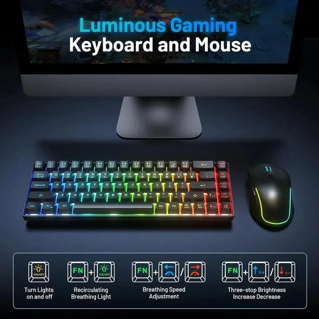 Alt view image 3 of 4 - Wireless Gaming Keyboard and Mouse Combo,LED Backlit Rechargeable 2000mAh Battery,Small Membrane But Mechanical Feel Keyboard