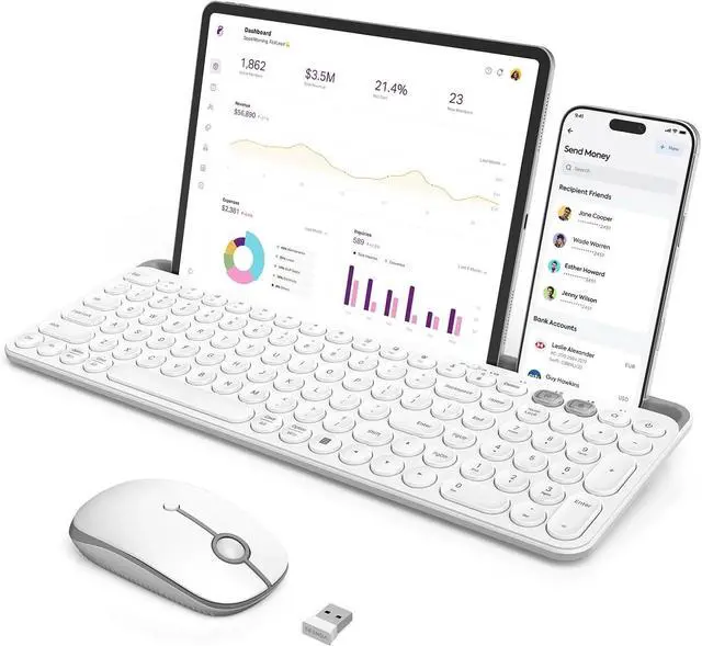 Main image of Multi-Device Bluetooth + 2.4G Wireless Keyboard Mouse with Tablet Holder for MacBook/Windows Computer, iOS/Andriod Tablet Phone, White
