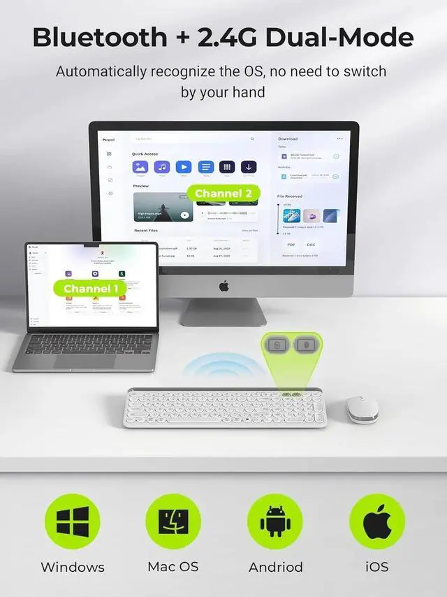 Alt view image 2 of 5 - Multi-Device Bluetooth + 2.4G Wireless Keyboard Mouse with Tablet Holder for MacBook/Windows Computer, iOS/Andriod Tablet Phone, White