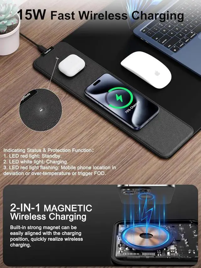 Alt view image 2 of 4 - Wireless Charging Mouse Pad, Mousepad with Ultra-Smooth Surface, Non-Slip Base, 31.5"x15.75" XXL Large Desk Pad, for MacBook, PC, Laptop