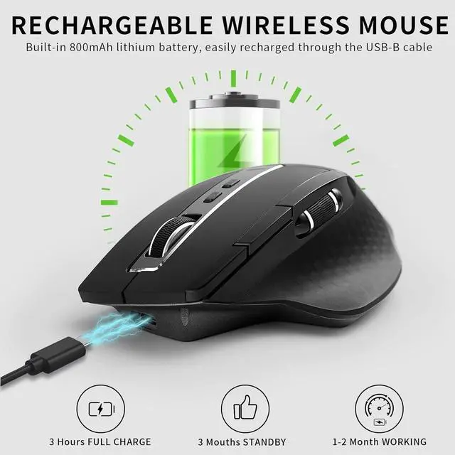 Alt view image 5 of 5 - Bluetooth Wireless Mouse, 4 Adjustable DPI Rechargeable, Multi-Device (3 Bluetooth+USB) Programmable Ergonomic Mouse