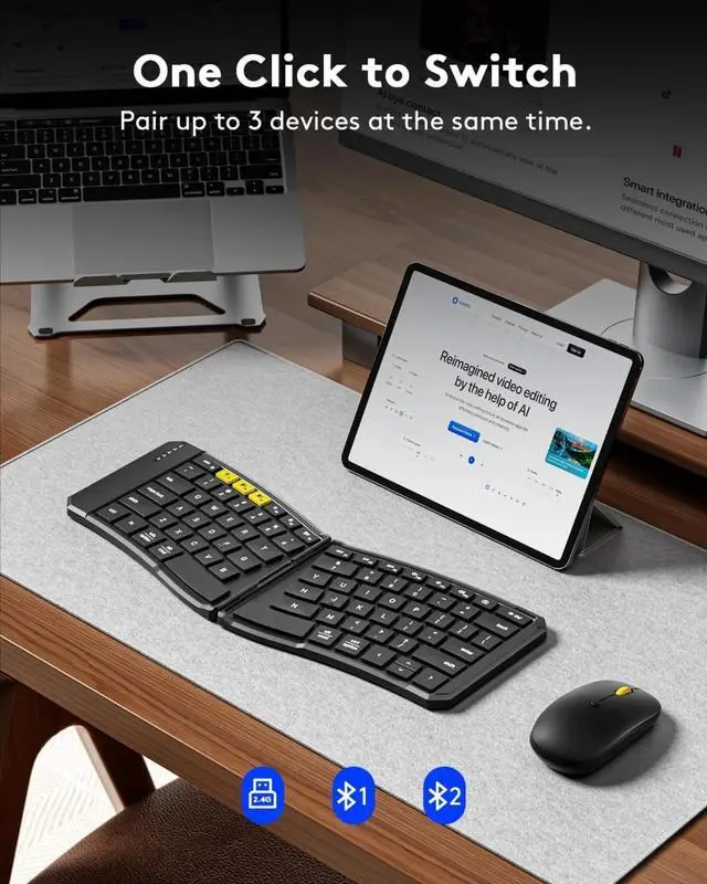 Alt view image 4 of 4 - Ergonomic Foldable Keyboard and Mouse, KM09 Split Folding Bluetooth Keyboard Combo, 2.4G + BT5.0 x2, Mouse for iOS Android Windows MacOS