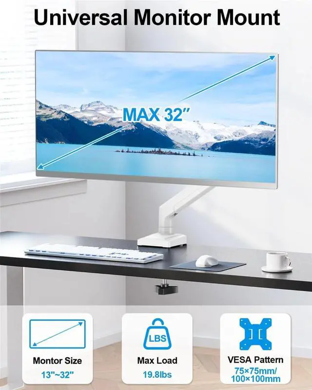 Alt view image 2 of 7 - Single Monitor Arm Fits up to 32 Inch, Desk Mount Holds 4.4-19.8lbs Computer Screen, Full Motion Gas Spring, VESA Mount 75x75, 100x100, Freelift