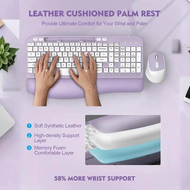 Alt view image 2 of 4 - Wireless Keyboard and Mouse Combo, Wave Keys Full-Sized Ergonomic Keyboard with Cushioned Plam Rest, for Computer, Laptop, PC, Mac, Windows