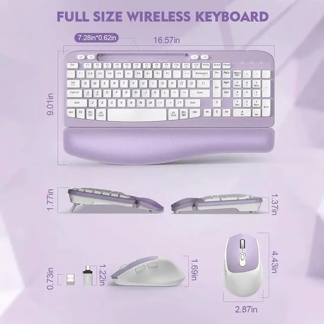 Alt view image 3 of 4 - Wireless Keyboard and Mouse Combo, Wave Keys Full-Sized Ergonomic Keyboard with Cushioned Plam Rest, for Computer, Laptop, PC, Mac, Windows