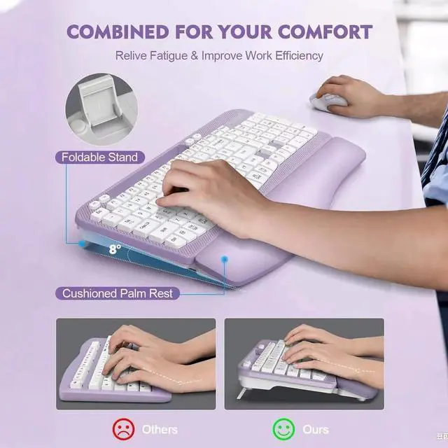 Alt view image 4 of 4 - Wireless Keyboard and Mouse Combo, Wave Keys Full-Sized Ergonomic Keyboard with Cushioned Plam Rest, for Computer, Laptop, PC, Mac, Windows