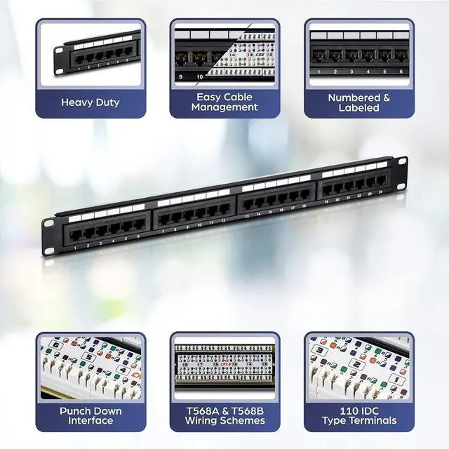 Alt view image 2 of 4 - 24-Port Cat6 Unshielded Patch Panel, Wallmount or Rackmount, Compatible with Cat3,4,5,5e,6 Cabling, for Ethernet, Black, TC-P24C6 (Pack of 1)