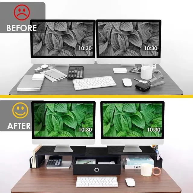 Alt view image 5 of 5 - Dual Monitor Stand Riser w/ Drawer & Metal Leg, Large Computer Monitor Riser w/ Storage For 2 Monitor