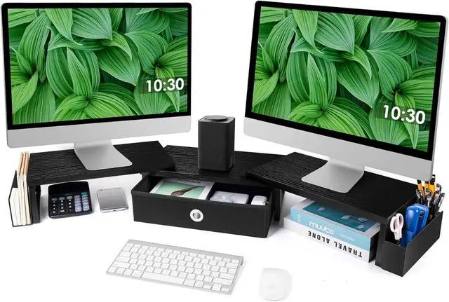 Main image of Dual Monitor Stand Riser w/ Drawer & Metal Leg, Large Computer Monitor Riser w/ Storage For 2 Monitor