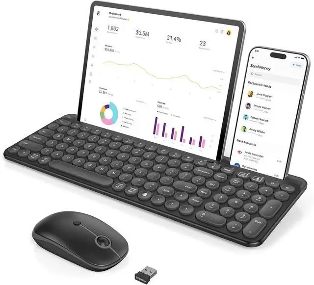 Main image of Multi-Device Bluetooth + 2.4G Wireless Keyboard Mouse with Tablet Holder for MacBook/Windows Computer, iOS/Andriod Tablet Phone, Black
