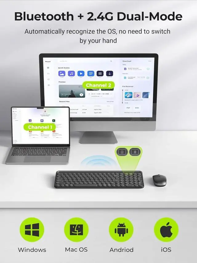 Alt view image 2 of 4 - Multi-Device Bluetooth + 2.4G Wireless Keyboard Mouse with Tablet Holder for MacBook/Windows Computer, iOS/Andriod Tablet Phone, Black