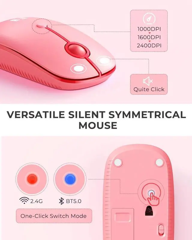 Alt view image 4 of 4 - Multi-Device Bluetooth + 2.4G Wireless Keyboard Mouse with Tablet Holder for MacBook/Windows Computer, iOS - Pink