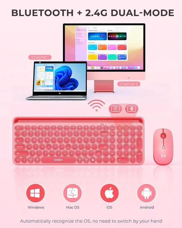 Alt view image 2 of 4 - Multi-Device Bluetooth + 2.4G Wireless Keyboard Mouse with Tablet Holder for MacBook/Windows Computer, iOS - Pink