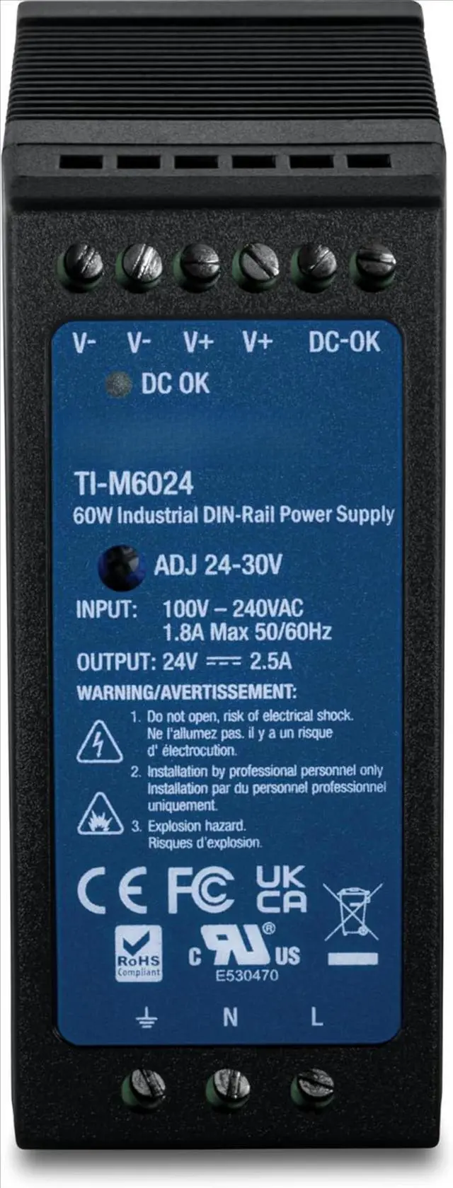 Alt view image 2 of 4 - 60W, 24V DC, 2.5A AC to DC DIN-Rail Power Supply, Universal AC Input, Extreme -20 to 70 °C (-4 to 158 °F) Operating Temp., TI-M6024